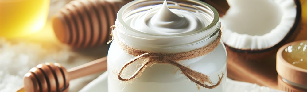 Honey and coconut oil featured in a Glimmer Goddess guide to DIY body lotion safety, emulsification and preservation.