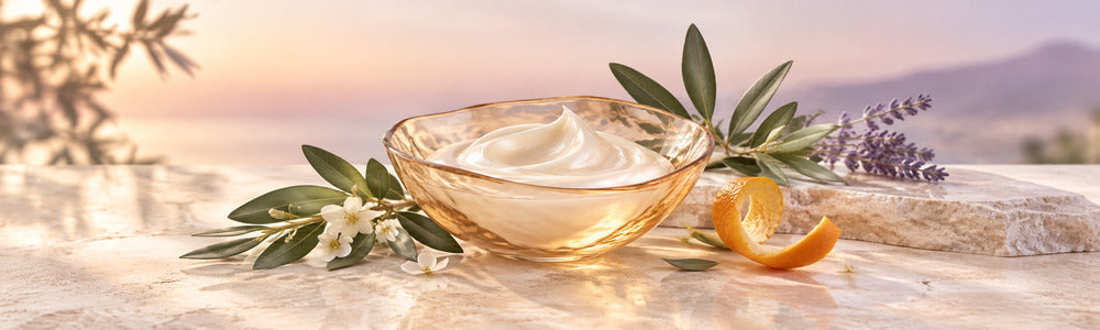Luminous botanical skincare scene with cream texture and citrus peel