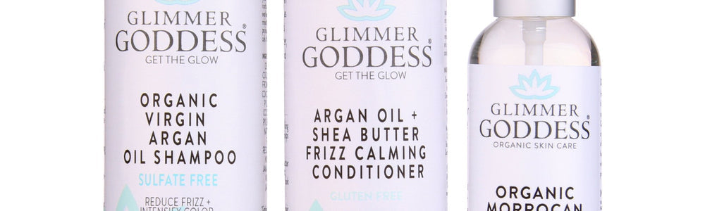 Glimmer Goddess Organic Argan Oil Hair Treatment Trio featured in a guide to frizz, shine and breakage.