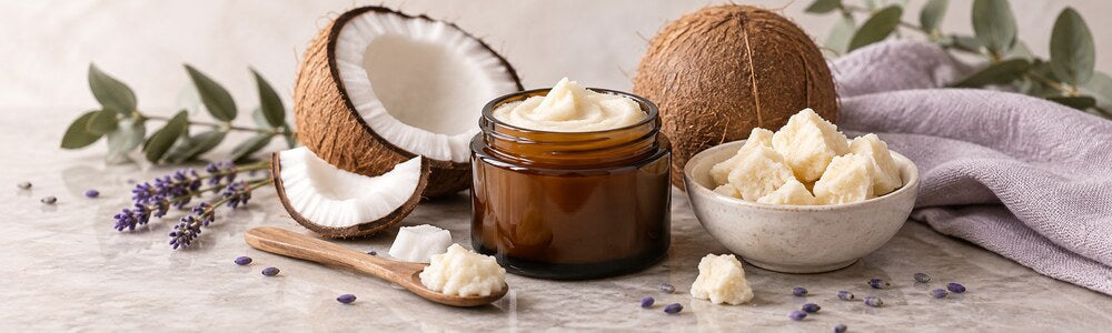 Coconut body balm ingredients with an unbranded jar