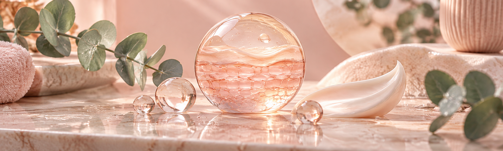 Branded skincare editorial showing moisture, cream, and a layered skin-barrier concept.