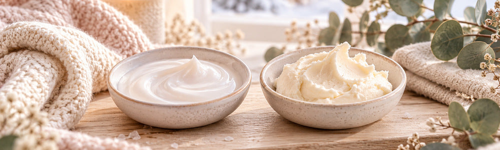 Lotion and body butter textures in a warm winter skincare setting