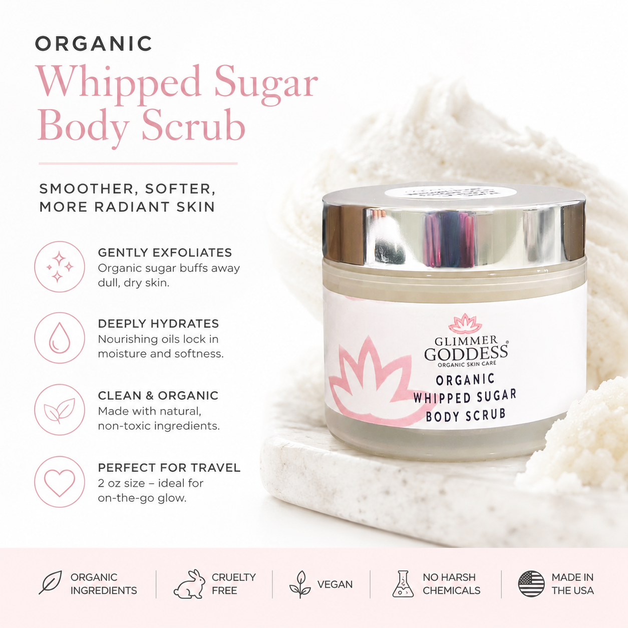 Organic Whipped Sugar Body Scrub by Glimmer of Goddess, shown in a clear jar with a white label and silver lid, resting on white cotton. The left side features product benefits text, and the bottom has feature icons.