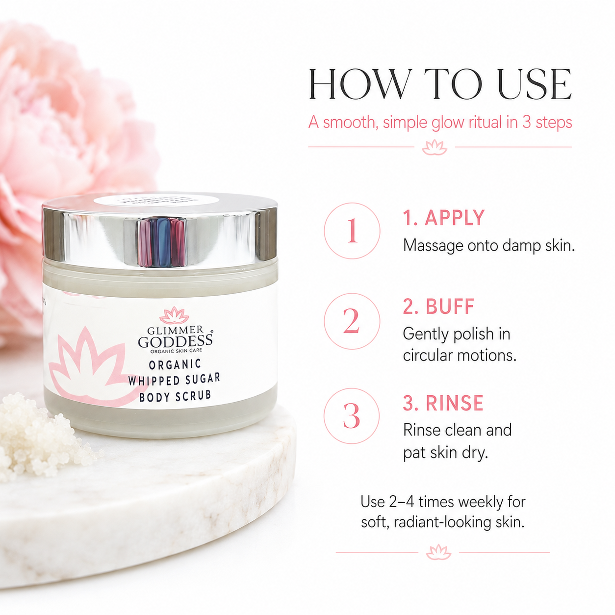 Glimmer Goddess Organic Whipped Sugar Body Scrub jar shown beside a 'How to Use' instruction graphic with three steps on a white background with soft pink floral styling.