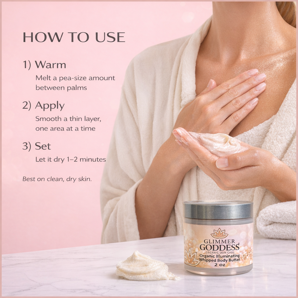 Organic Shimmering Body Butter by Glimmer Goddess® in 2 oz travel size, showing application and smooth, glowing skin.