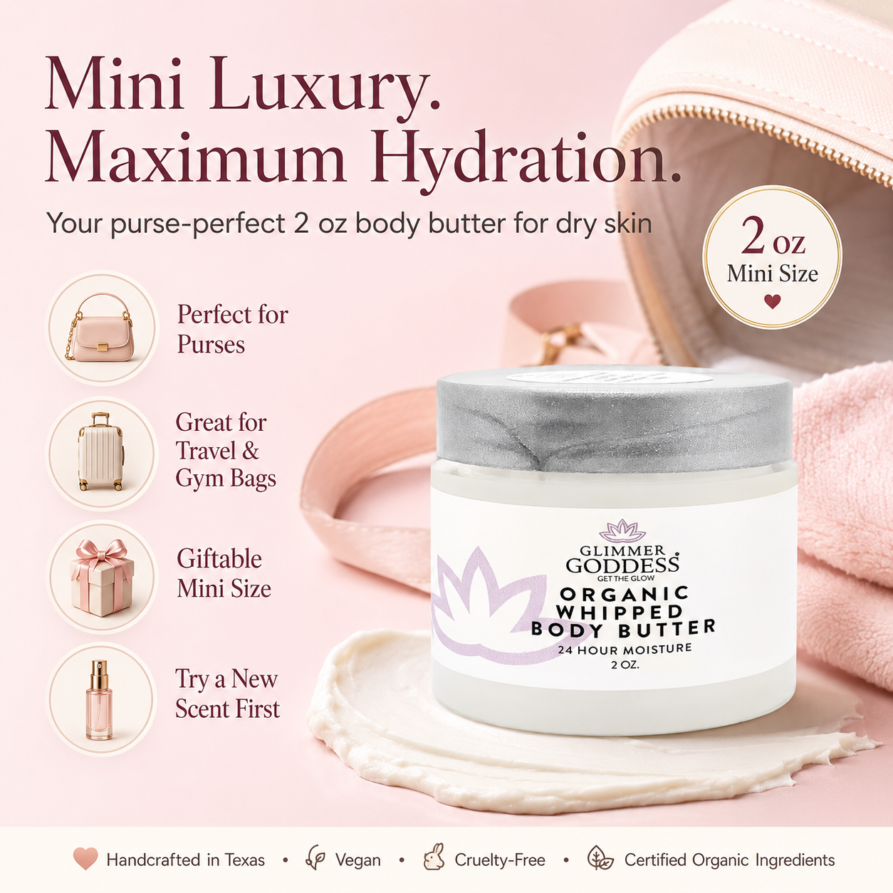 2 oz body butter jar with pink background and product features listed