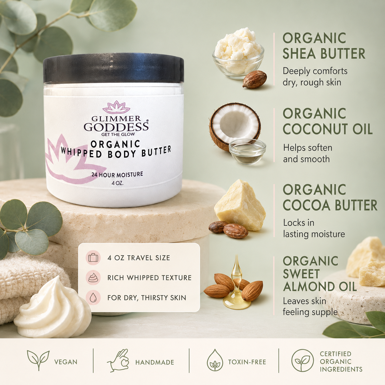 Glimmer Goddess organic whipped body butter with ingredients and benefits displayed on a light green background.