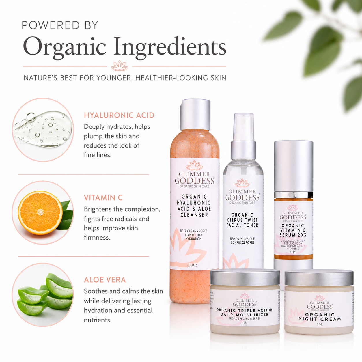 A set of Glimmer + Goddess skincare products displayed on a clean white background with promotional text and ingredient callouts. The products include a hydrating acid and aloe cleanser, a facial toner, a vitamin eye serum, and two night creams.