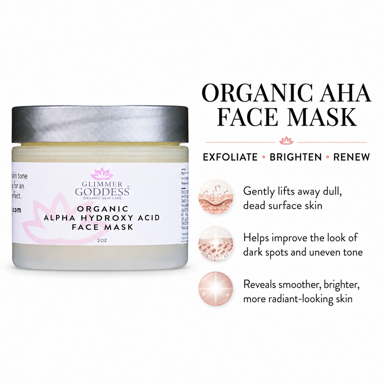 Glimmer Goddess Organic Alpha Hydroxy Acid Face Mask jar shown next to product benefits text on a white background.