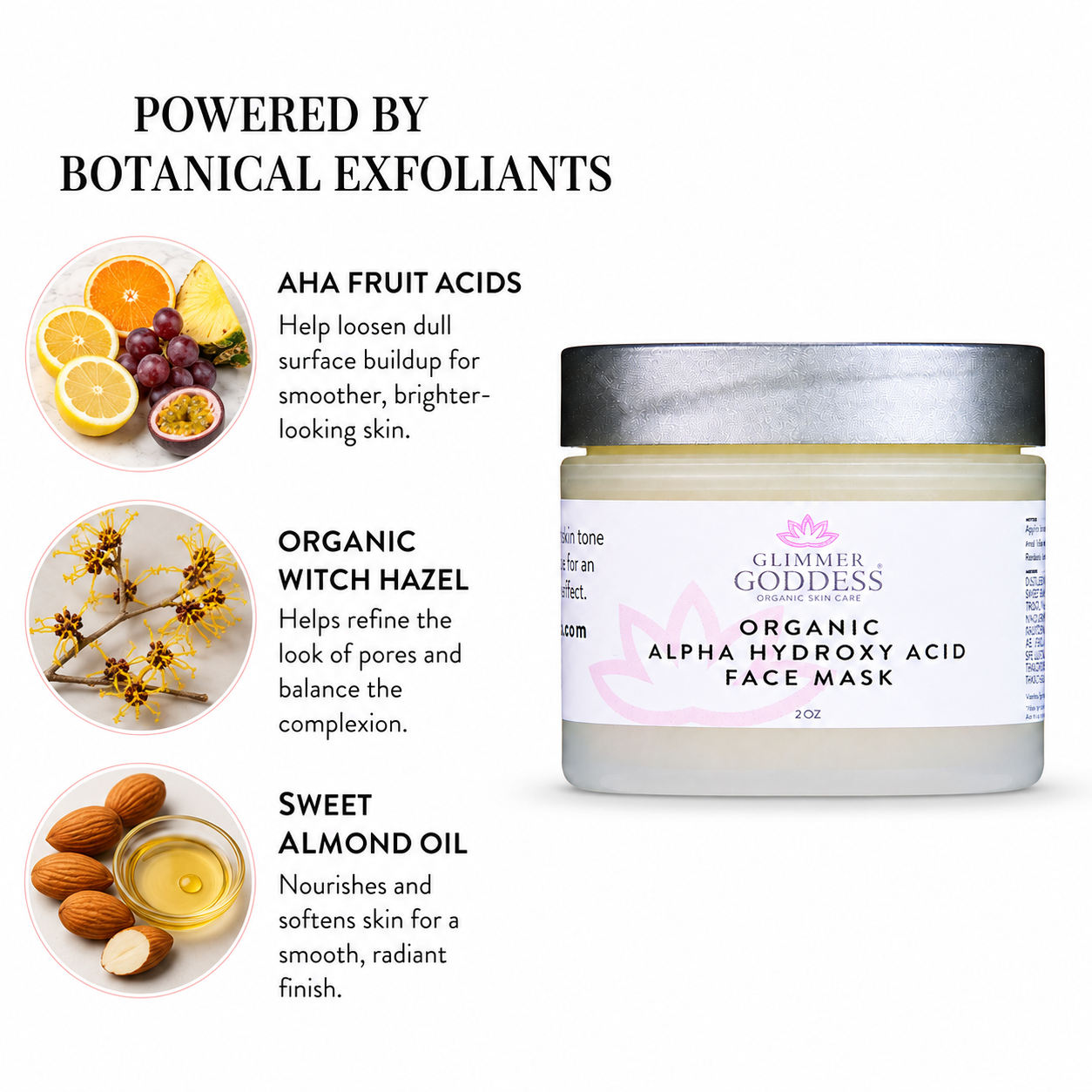 Glimmer Goddess Organic Alpha Hydroxy Acid Face Mask jar shown on a white background with marketing text and ingredient callouts for aha fruit acids, organic witch hazel, and sweet almond oil.