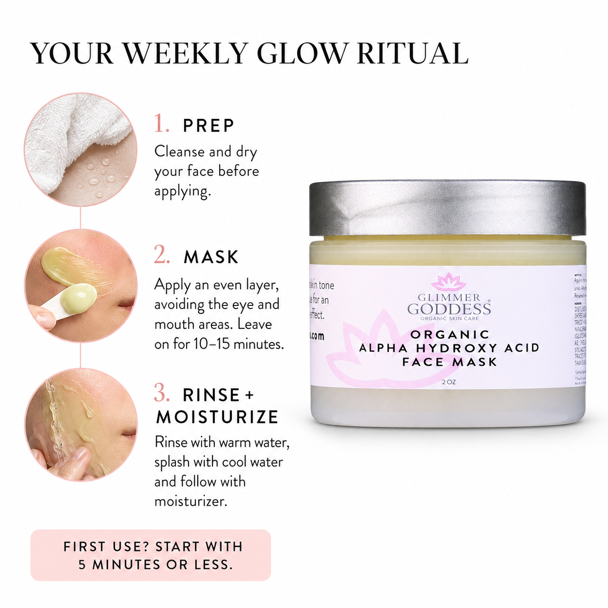 Glimmer Goddess Organic Alpha Hydroxy Acid Face Mask jar shown on a white background with instructional text and three circular inset photos demonstrating a weekly glow ritual steps: prep, mask, and rinse + moisturize.