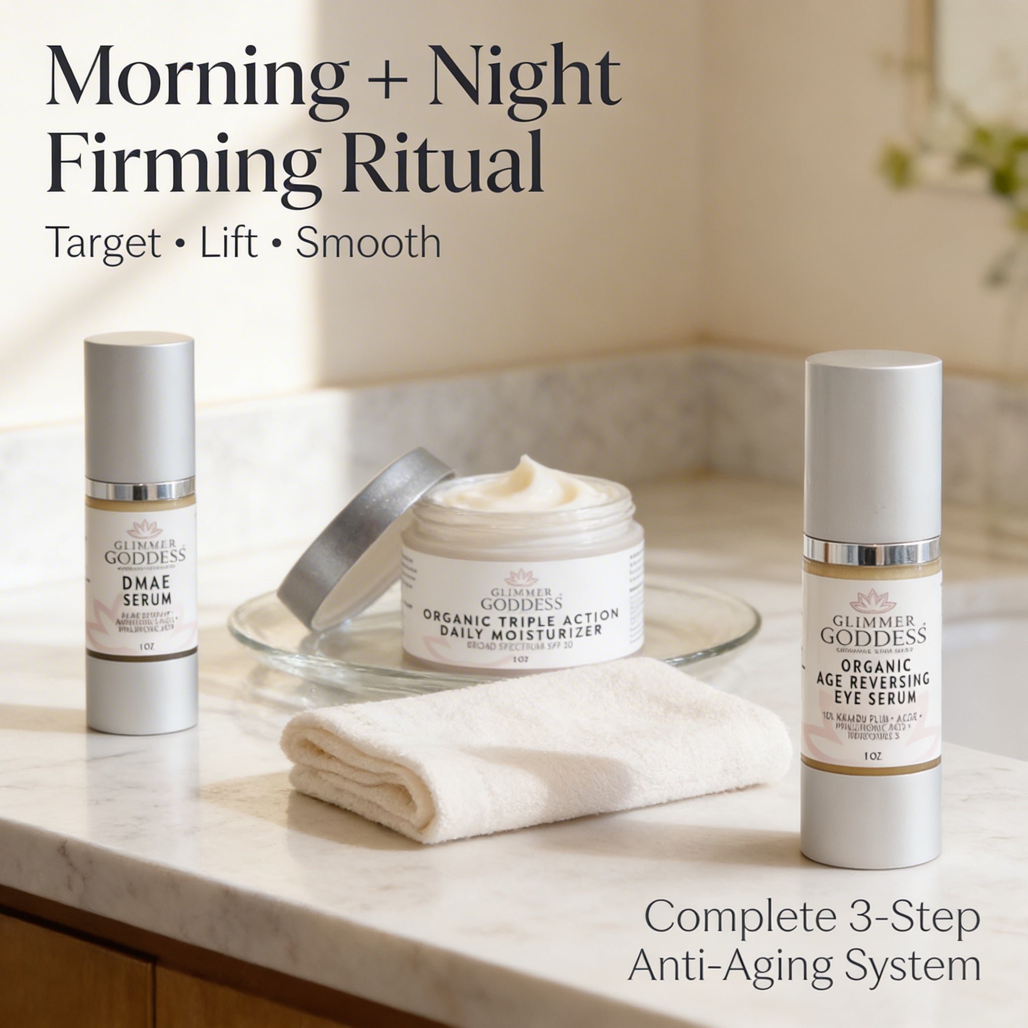 Glimmer Goddess Organic Anti-Wrinkle Trio displayed on a luxury marble vanity featuring DMAE Firming Serum, Age Reversing Eye Serum, and Triple Action Daily Moisturizer SPF 30 as a complete collagen-boosting skincare routine handcrafted in Texas.