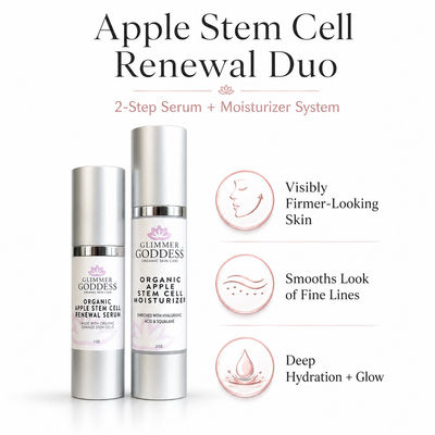 Apple Stem Cell Serum and moisturizer duo by Glimmer Goddess Organic Skin Care, featuring nourishing lotion and skincare products.