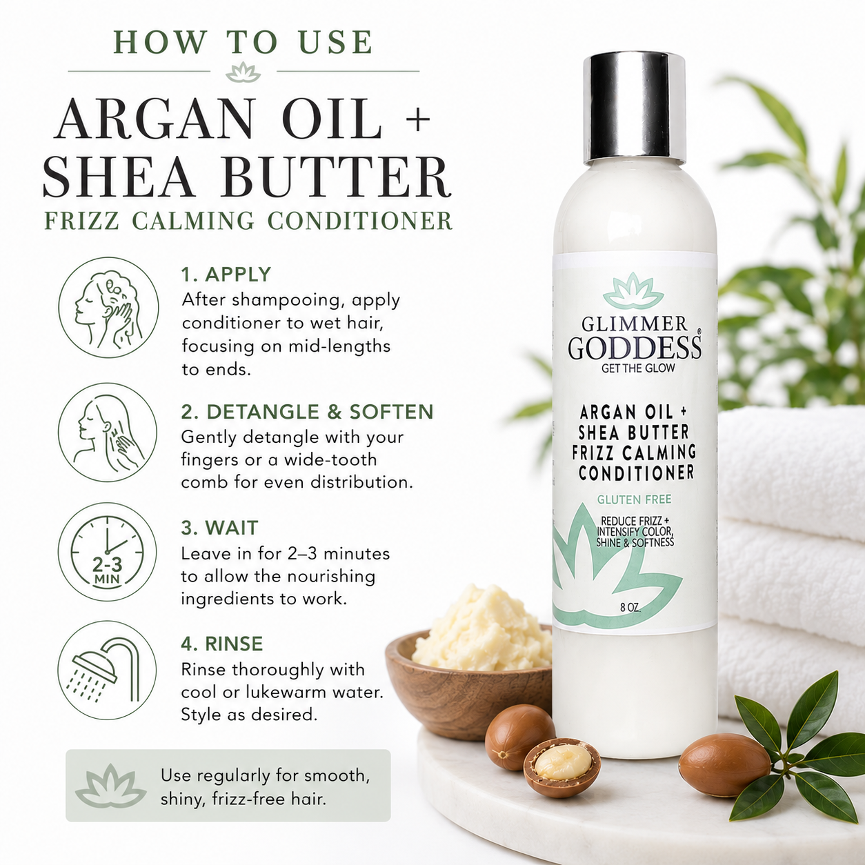 Argan Oil + Shea Butter Frizz Calming Conditioner bottle shown on a styled white background with usage instructions, icons, and small props including argan nuts, shea butter, and green leaves. The product is a white cylindrical bottle with a silver cap and mint-green label text and graphics.