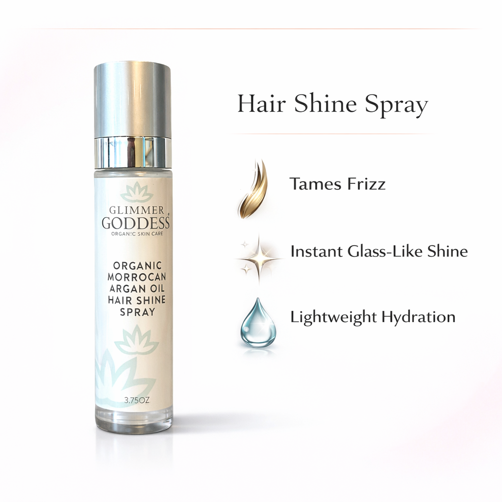 Glimmer Goddess Organic Moroccan Argan Oil Hair Shine Spray (3.75 oz) on a clean white background with subtle pink brand accents, highlighting benefits: tames frizz, instant glass-like shine, and lightweight hydration for smoother, shinier hair.