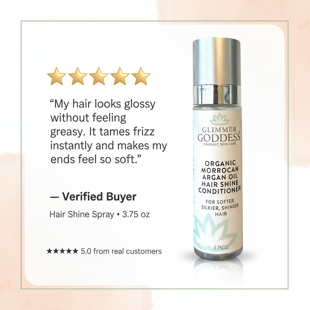 Glimmer Goddess Organic Moroccan Argan Oil Hair Shine Spray (3.75 oz) on a clean white background with subtle peach brand accents beside a five-star verified buyer testimonial about glossy, non-greasy shine and instant frizz control.