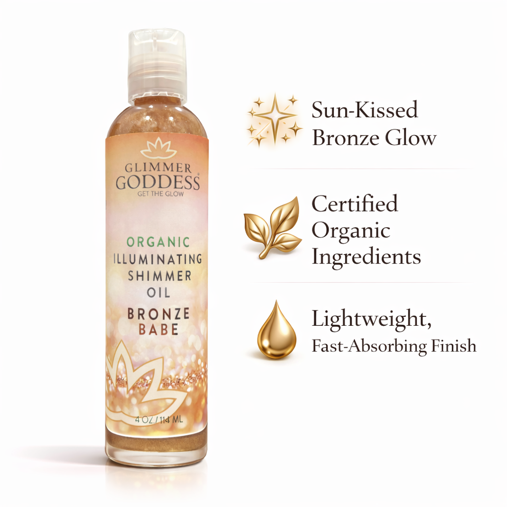 Organic Shimmer Oil – Illuminating Body Oil in 5 Shades for Radiant Glow & Deep Hydration - Glimmer Goddess® Organic Skin Care