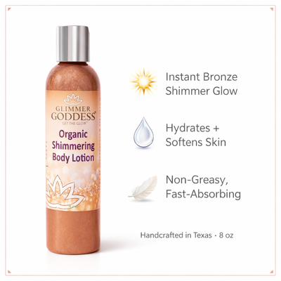 Organic bronze shimmer body lotion by Glimmer Goddess® with buildable glow and radiant, glowing skin in a tube.