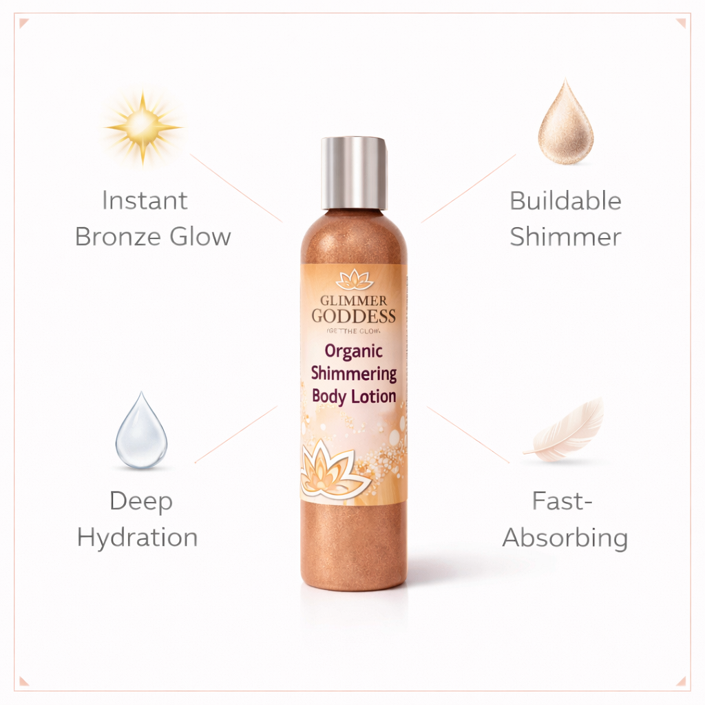 Organic bronze shimmer body lotion by Glimmer Goddess® with a buildable luminous glow, featuring a silky, bronze-colored shimmer.