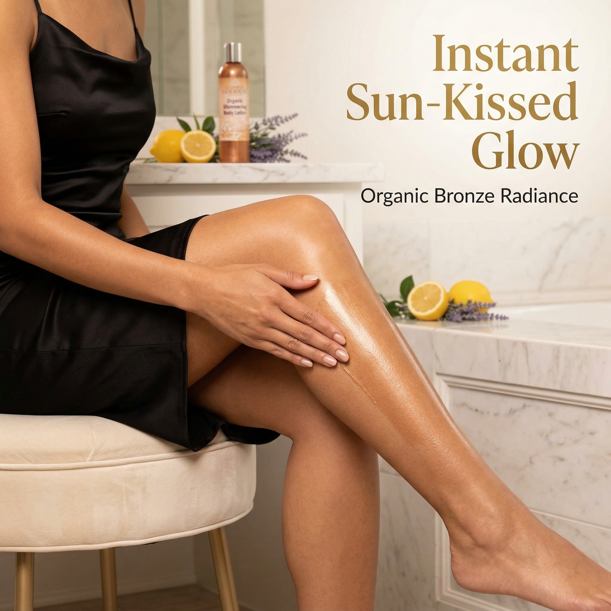 Woman applying glimmer goddess bronze lotion to egs