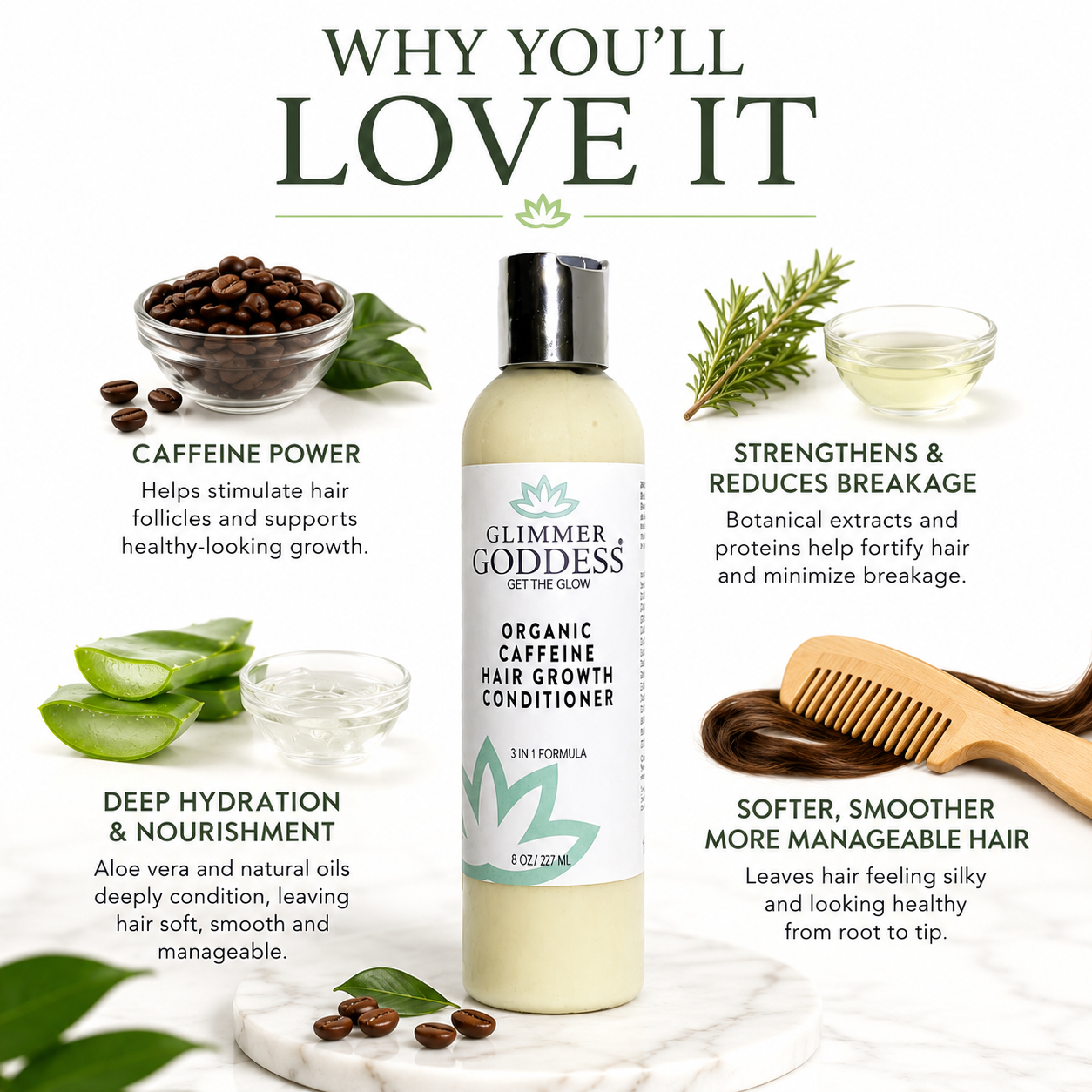 A bottle of Glimmer Goddess Organic Caffeine Hair Growth Conditioner is centered on a white background with marketing text and ingredient callouts around it, including coffee beans, aloe vera, and a wooden comb.