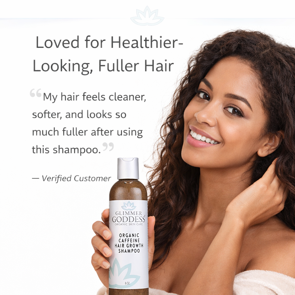 Organic caffeine shampoo by Glimmer Goddess® for hair growth, showing a bottle of stimulating hair care formula on a clean background.