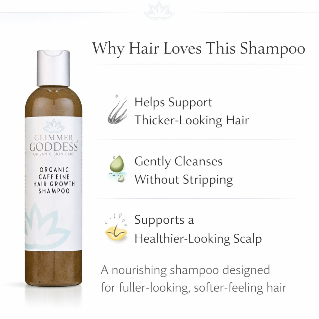 Organic caffeine shampoo for hair growth by Glimmer Goddess® featuring stimulating formula and natural hair care ingredients.