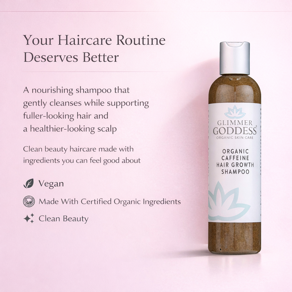 Organic caffeine shampoo for hair growth by Glimmer Goddess® featuring stimulating formula and natural ingredients in a clear bottle.