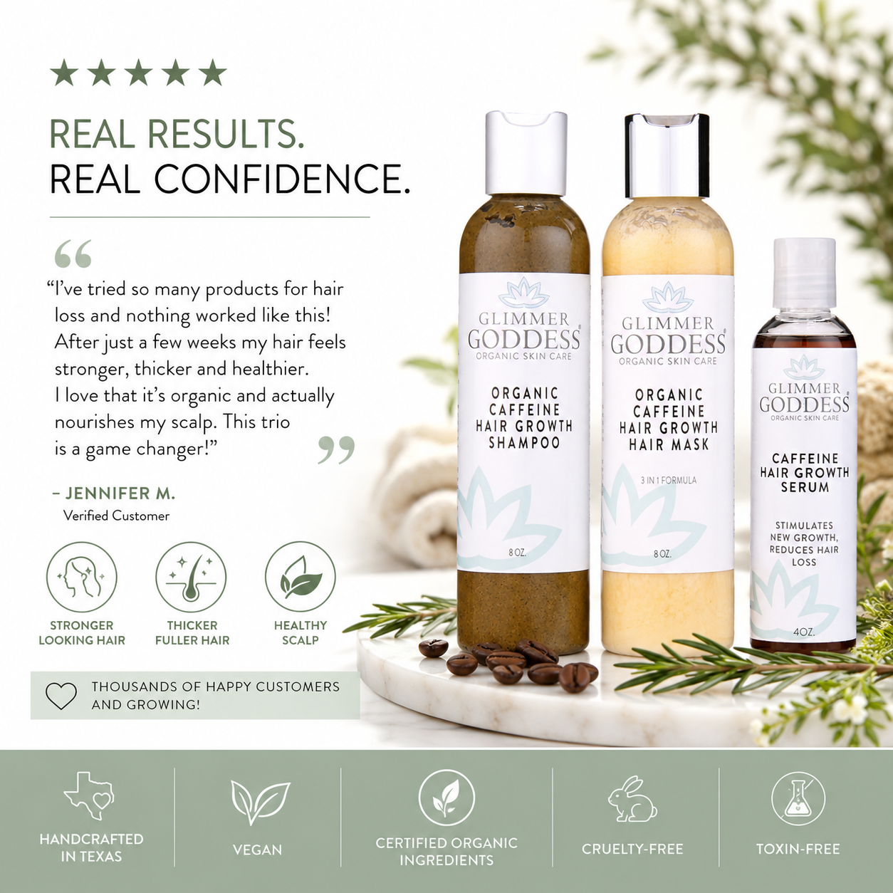 Three Glimmer Goddess hair care products displayed on a white background with decorative greenery and coffee beans: Organic Caffeine Hair Growth Shampoo, Organic Caffeine Hair Growth Mask, and Caffeine Hair Growth Serum. Text and icons describe results, ingredients, and product features.