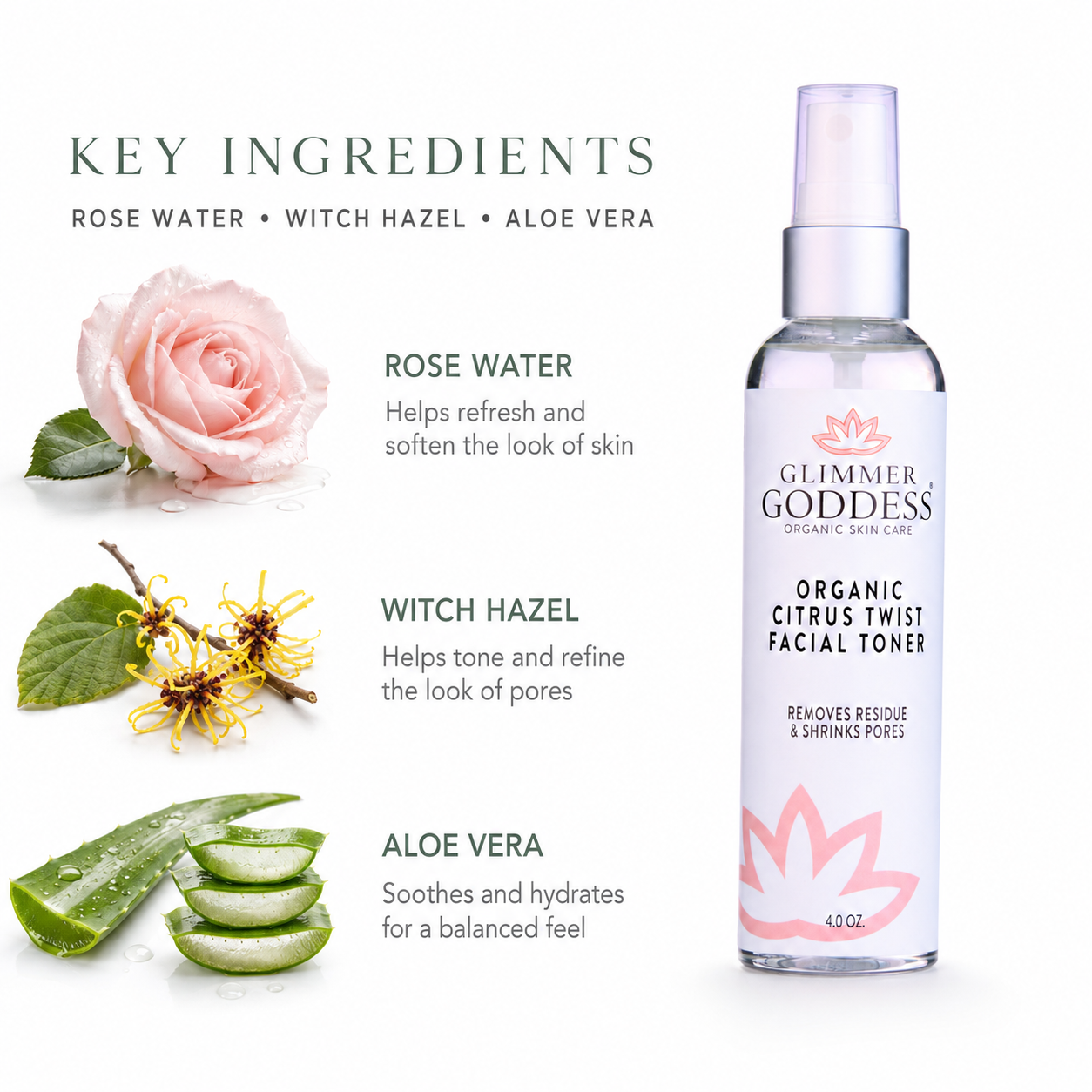 Glimmer Goddess Organic Citrus Twist Facial Toner bottle shown on a white background with ingredient callouts for rose water, witch hazel, and aloe vera.