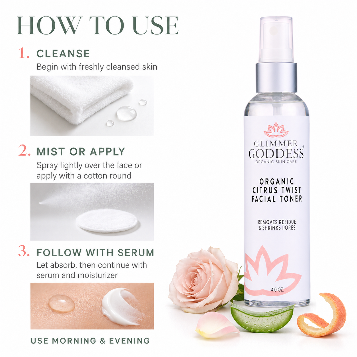 Glimmer Goddess Organic Citrus Twist Facial Toner bottle shown on a white background with usage steps and skincare props including a towel, cotton round, serum drop, skin texture closeup, rose, aloe vera, and orange slices.
