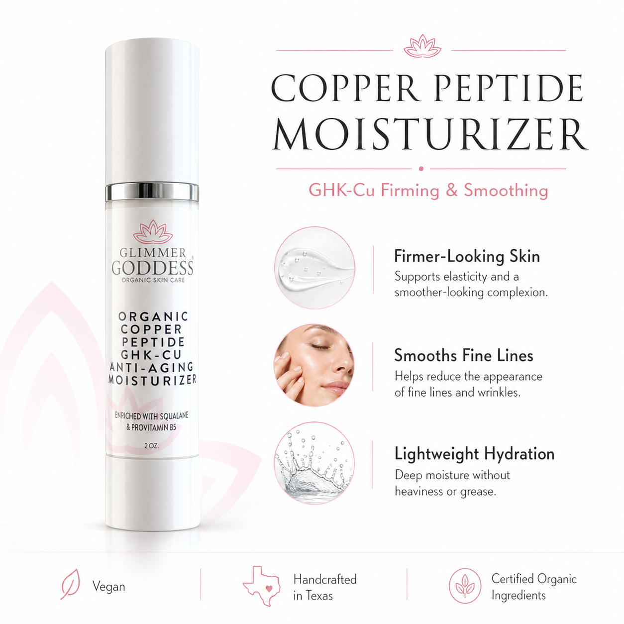 Organic Copper Peptide Moisturizer by Glimmer Goddess® showing a sleek jar of firming, smoothing skincare cream with copper infusion.