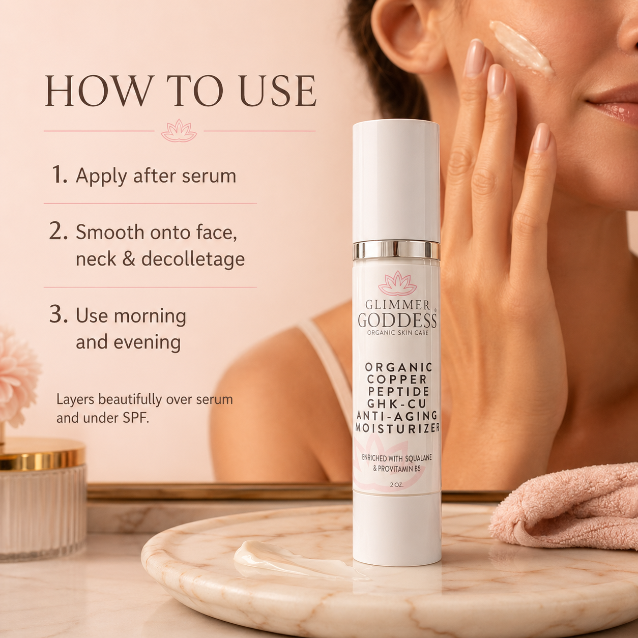 Organic Copper Peptide Moisturizer by Glimmer Goddess® Organic Skin Care, showing a jar of firming and smoothing skincare cream.