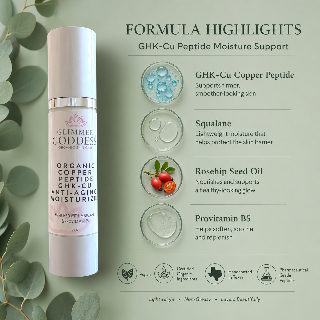 Organic Copper Peptide Moisturizer by Glimmer Goddess® for firming and smoothing, shown in a sleek skincare jar.