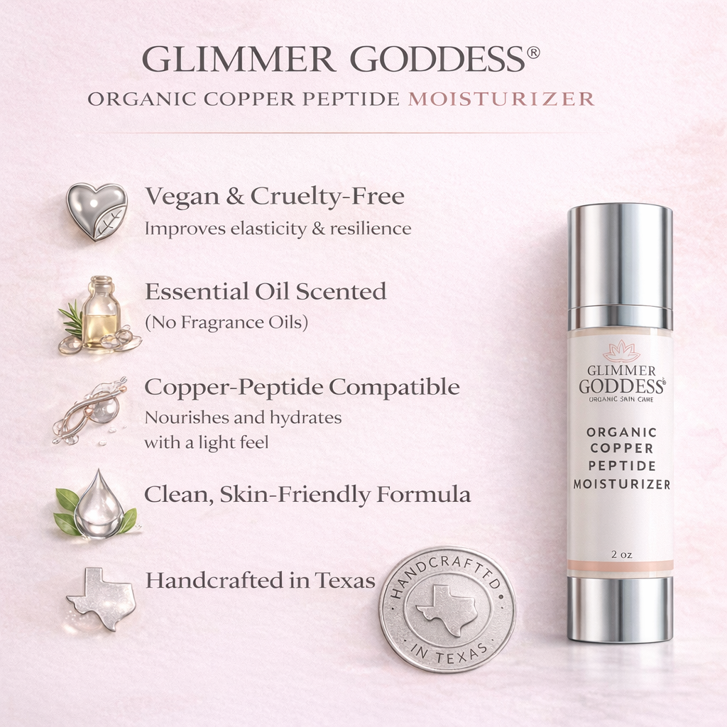 Clean beauty trust and compatibility image for Glimmer Goddess® Organic Copper Peptide Moisturizer highlighting vegan skincare, essential oil–scented formula with no fragrance oils, copper peptide compatibility, and handcrafted clean beauty standards. Premium skincare trust graphic designed to support informed purchase decisions.