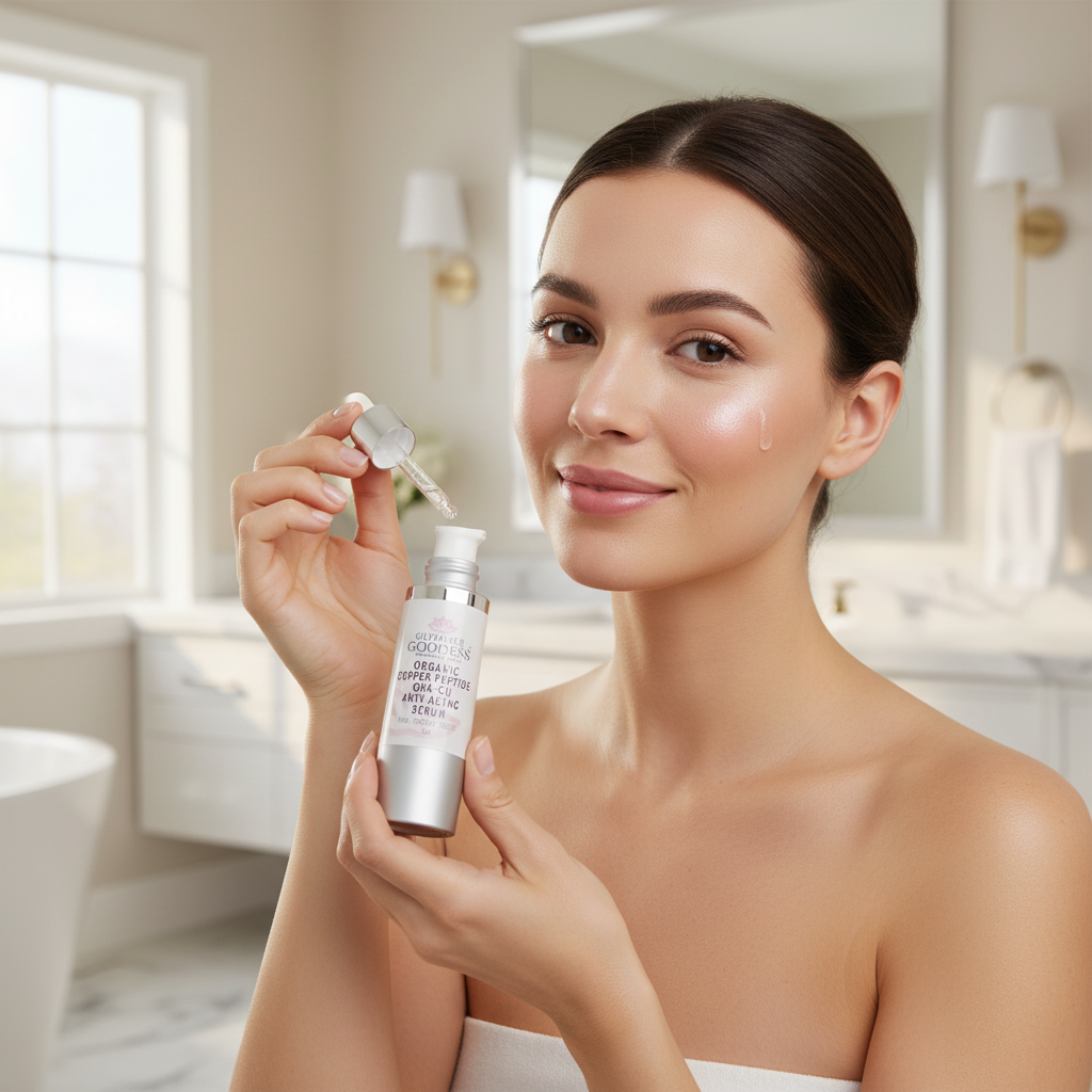 Glimmer Goddess Organic Copper Peptide Serum bottle with dropper, placed on a skincare shelf, highlighting natural, firming, and smoothing features.