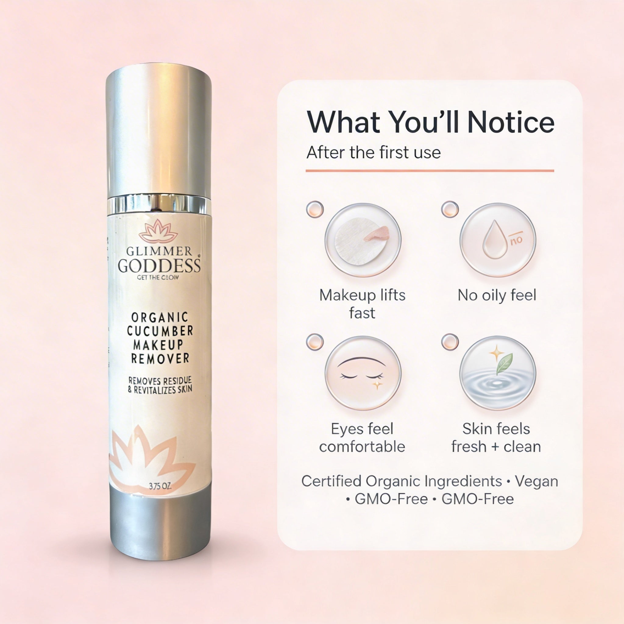 Glimmer Goddess Organic Cucumber Makeup Remover 3.75 oz on a clean white background with subtle eucalyptus accents, featuring a “What You’ll Notice” list: makeup lifts fast, no oily feel, eyes feel comfortable, and skin feels fresh and clean, plus Certified Organic Ingredients, vegan, GMO-free, and toxin-free badges.