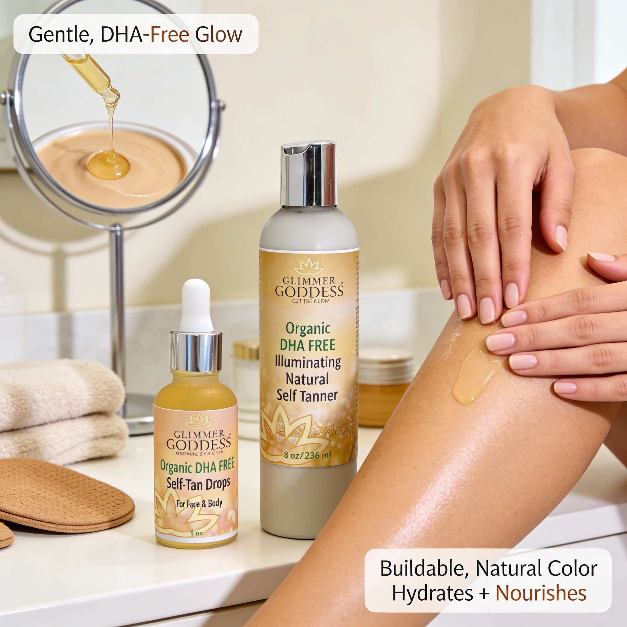 DHA-Free Self Tanner Bundle – Lotion + Drops for Natural Glow Without Smell or Orange Tones
