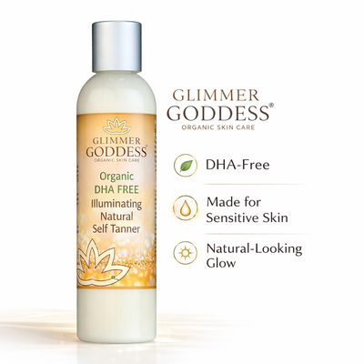 Glimmer Goddess organic DHA-free self tanner lotion for sensitive skin, showcasing a sleek bottle with tan glow lotion