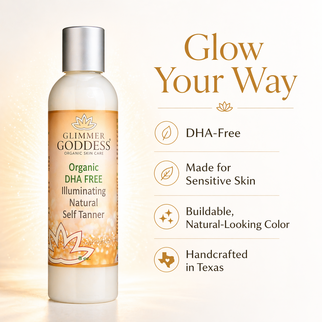Glimmer Goddess® Organic Skin Care DHA-Free self tanner for sensitive skin, showing a smooth application on arm with natural glow