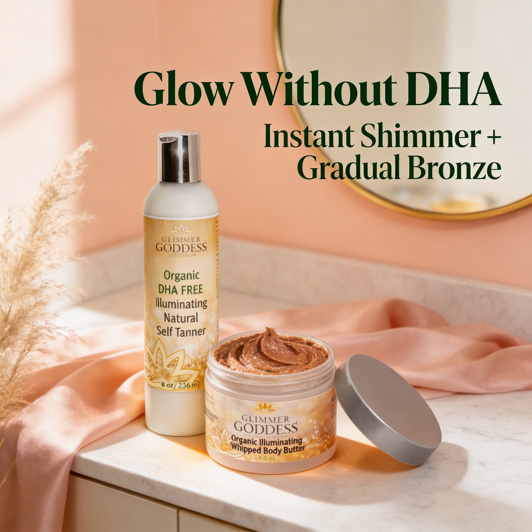 Glimmer Goddess DHA-Free Self Tan Lotion and Shimmering Whipped Bronze Body Butter styled on marble vanity with peach background highlighting instant shimmer and gradual bronze glow.