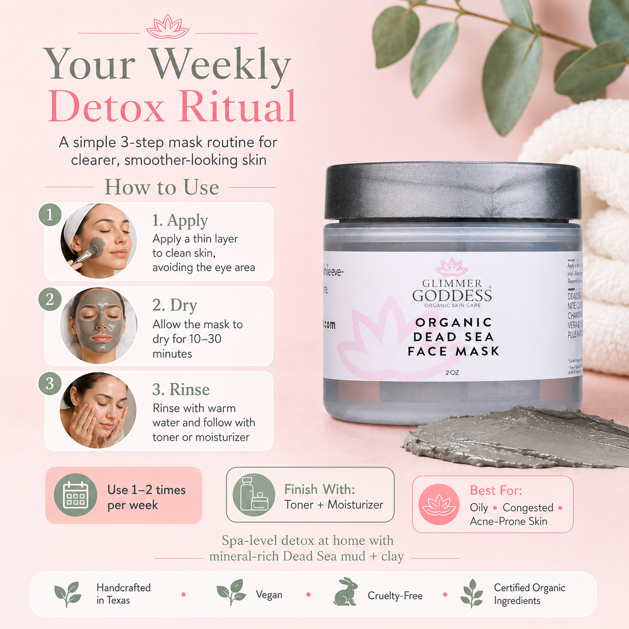 Organic Dead Sea Mud Mask by Glimmer Goddess® for exfoliating and rejuvenating skin, shown in a natural clay mask application.
