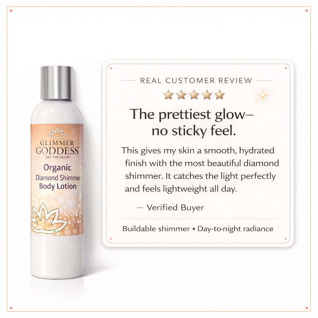 Glimmer Goddess® Organic Diamond Shimmer Body Lotion on a pure white background with subtle peach trim, featuring a real customer testimonial about lightweight hydration and buildable diamond shimmer glow.
