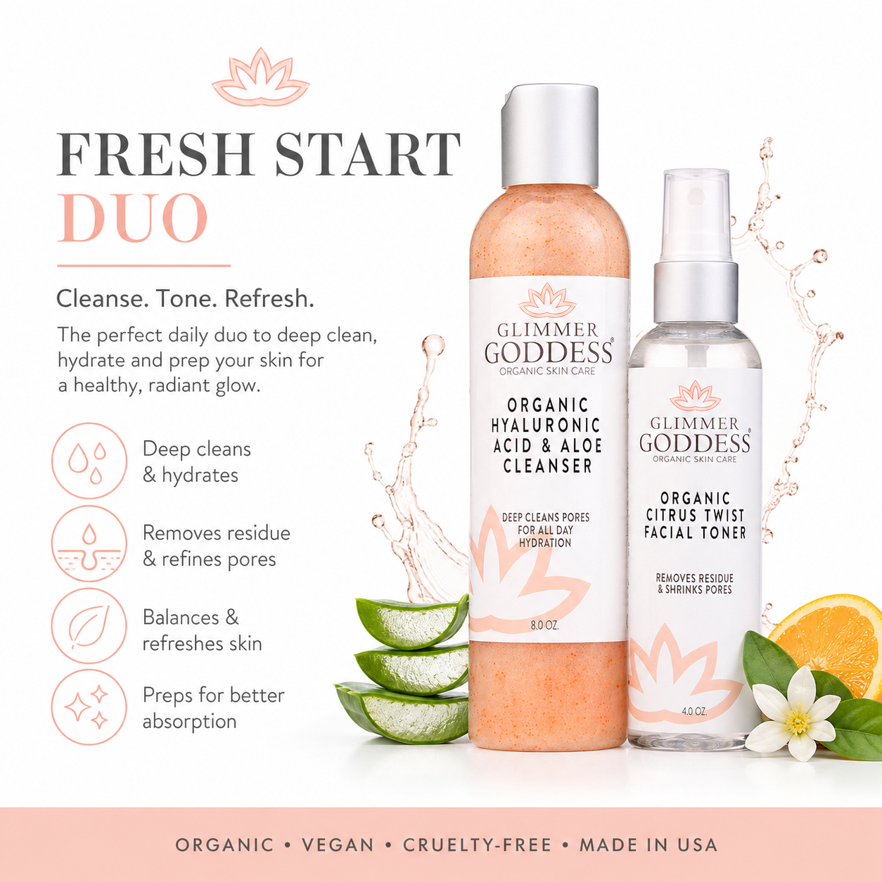 Glimmer Goddess Fresh Start Duo skincare set featuring an Organic Hyaluronic Acid & Aloe Cleanser bottle and an Organic Citrus Twist Facial Toner spray bottle, displayed with aloe vera slices, an orange slice, and a white flower on a clean white background with promotional text.