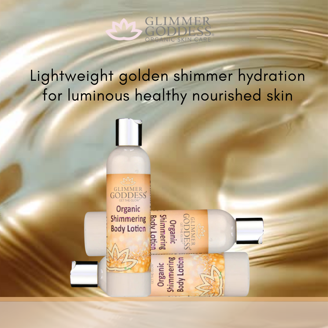 Organic Gold Shimmer Body Lotion – Sexy Level 2 & Super Level 3 Shimmer in 4 oz & 8 oz