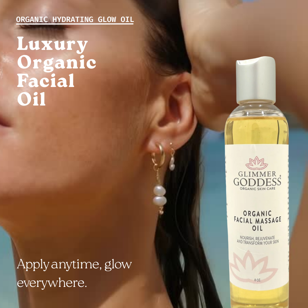 Facial Massage Oil benefits: nourishes, anti-aging, promotes circulation with rosehip and squalane - Glimmer Goddess® Organic Skin Care
