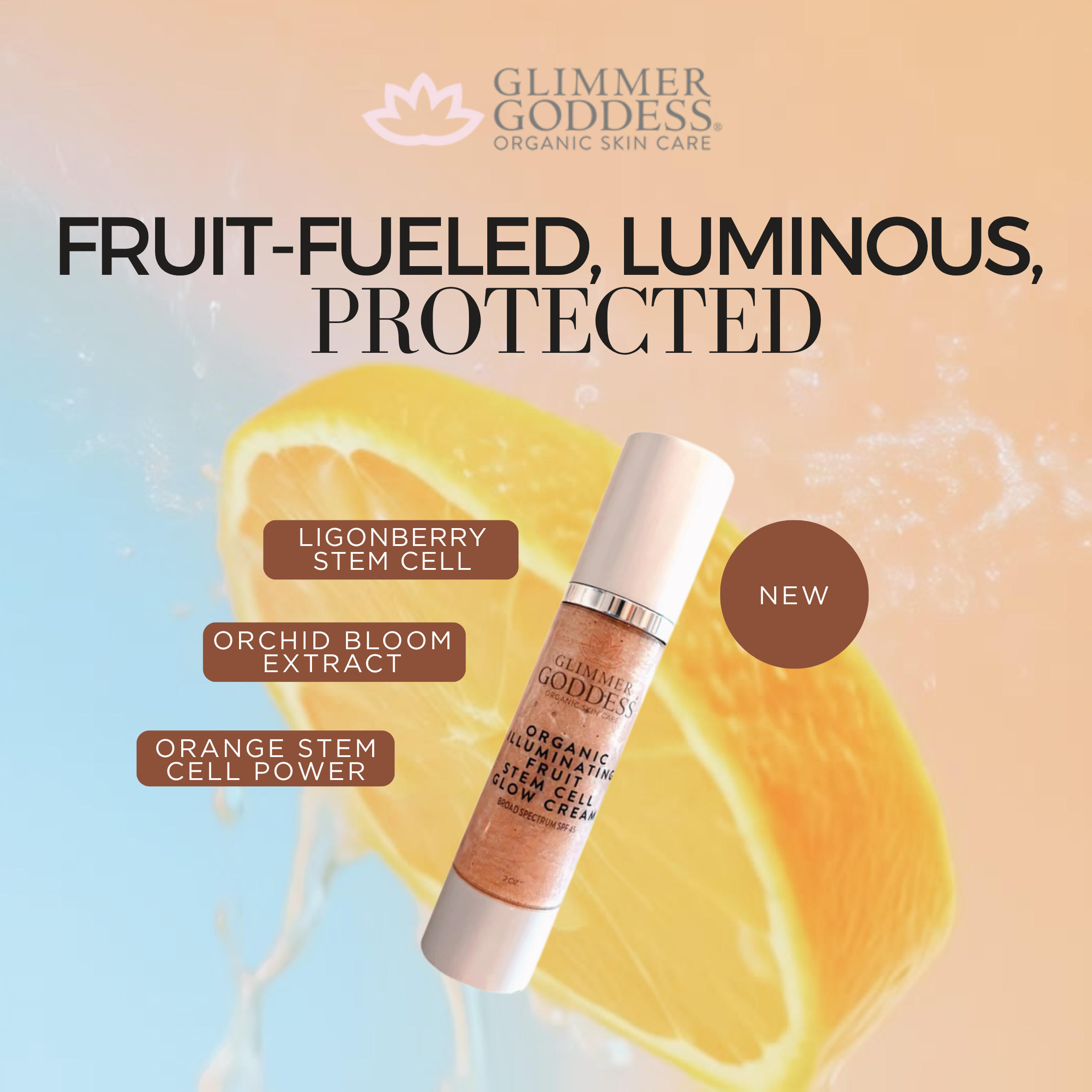 Glimmer Goddess skincare product with lemon slices on a gradient background
