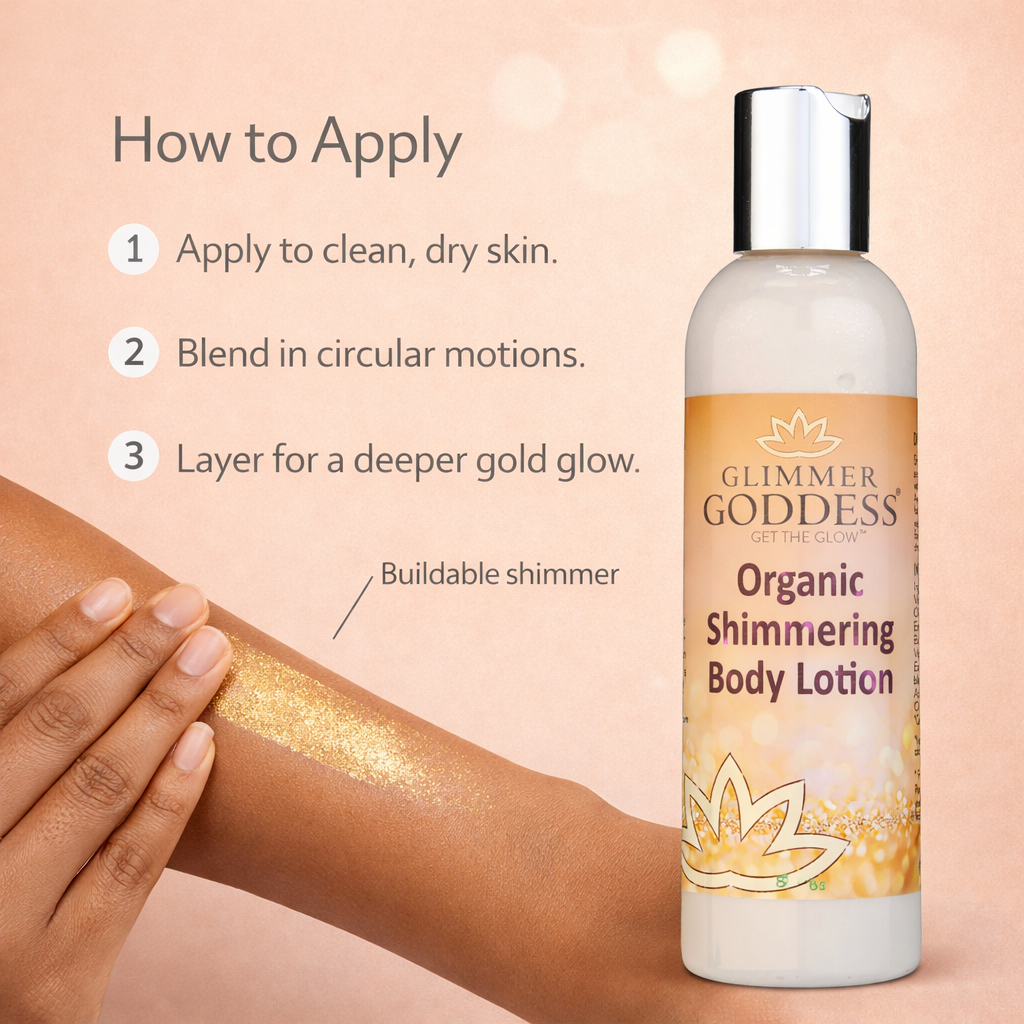 Organic Gold Shimmer Body Lotion by Glimmer Goddess® for luminous, buildable glow with shimmering gold finish.