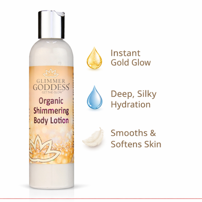 Bottle of Glimmer Goddess Organic Gold Shimmer Body Lotion with luminous gold shimmer and buildable glow, displayed on a neutral background.