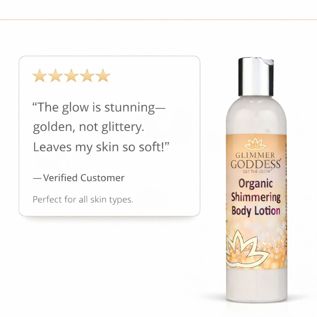 Glimmer Goddess® Organic Gold Shimmer Body Lotion (8 oz) on a white background with subtle peach trim, featuring a 5-star verified customer testimonial praising a soft golden glow and silky, hydrated skin.